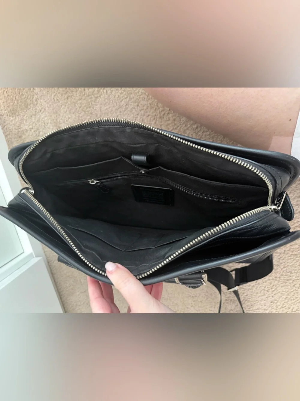 Black Leather Briefcase with Shoulder Strap - Men